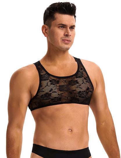 Herren Spitzen Top Schwarz – Ärmelloses Lingerie Crop Top - MP277