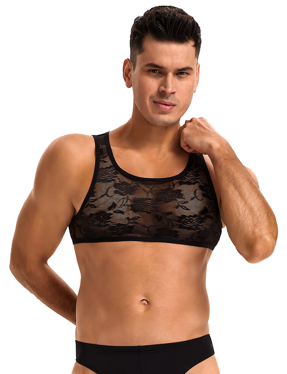 Herren Spitzen Top Schwarz – Ärmelloses Lingerie Crop Top - MP277