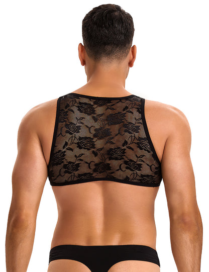 Herren Spitzen Top Schwarz – Ärmelloses Lingerie Crop Top - MP277