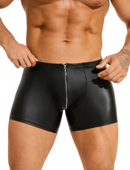 Herren Wetlook Boxer in Lederoptik mit Frontreißverschluss – Schwarz, figurbetontes, glattes Material.