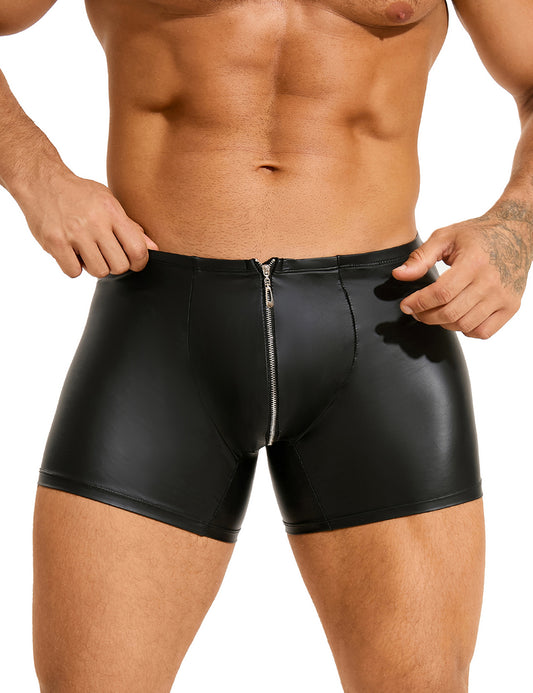 Herren Wetlook Boxer in Lederoptik mit Frontreißverschluss – Schwarz, figurbetontes, glattes Material.