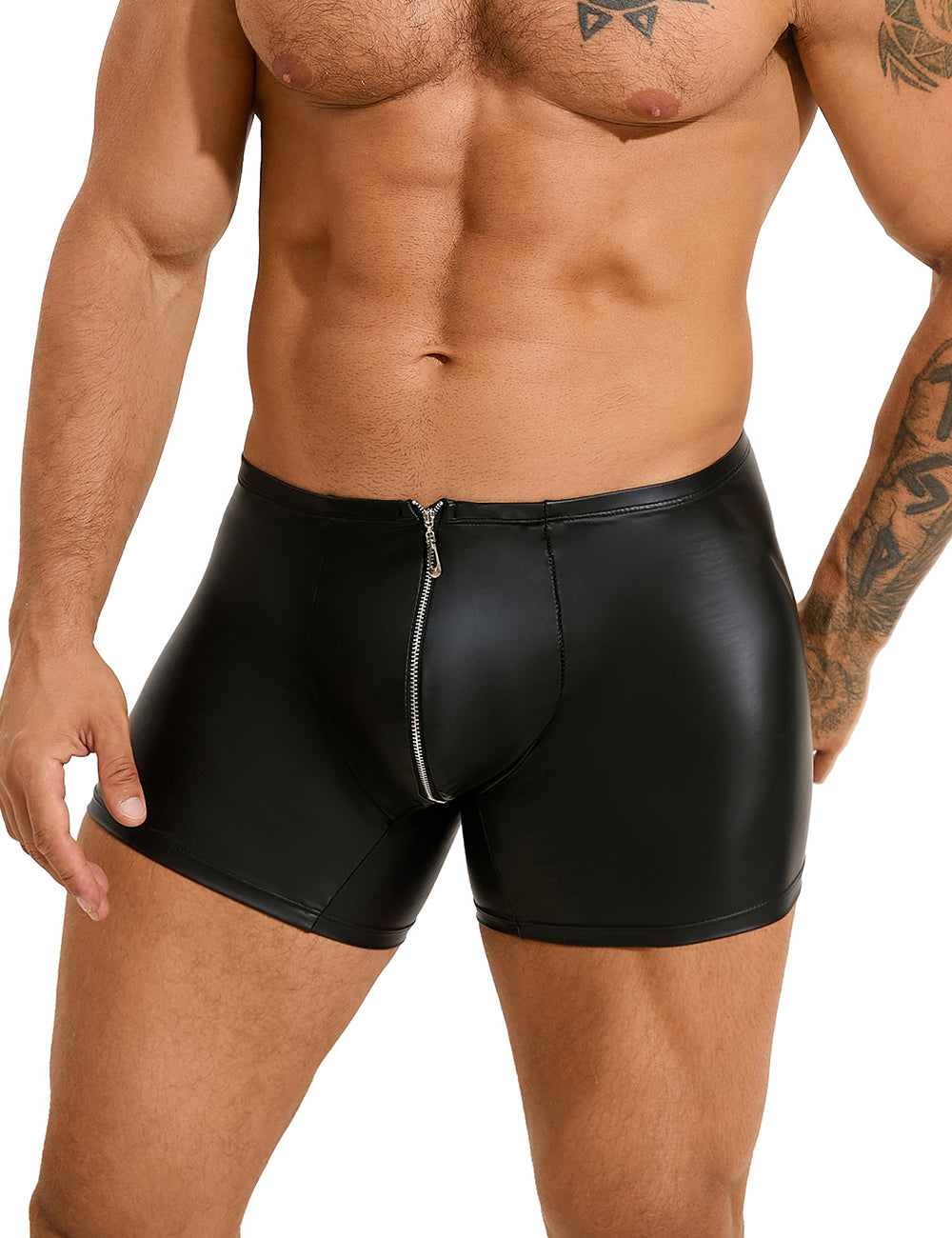 Herren Wetlook Boxer in Lederoptik mit Frontreißverschluss - Schwarz, figurbetont