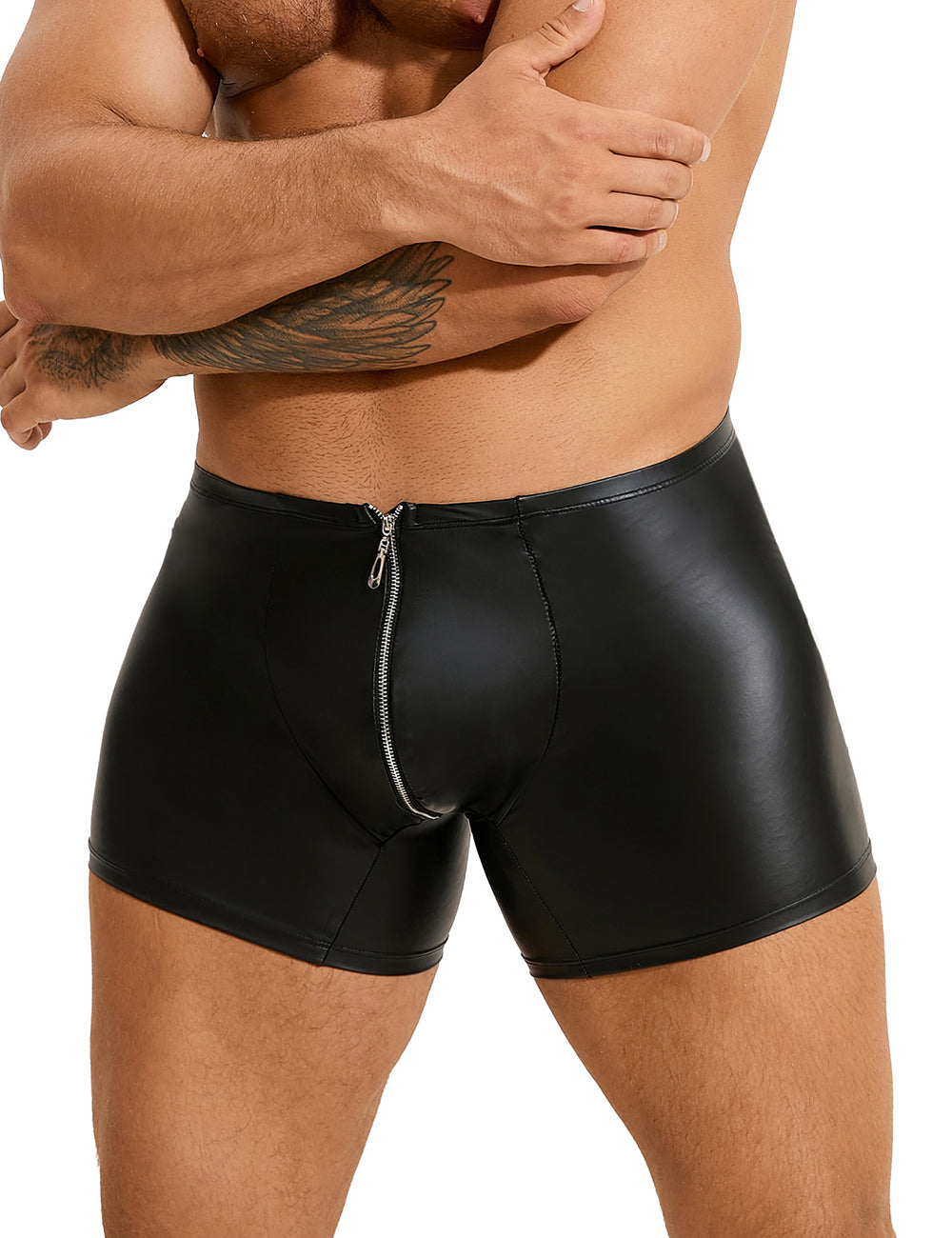 Herren Wetlook Boxer in Lederoptik mit Frontreißverschluss – Schwarz MP290-1