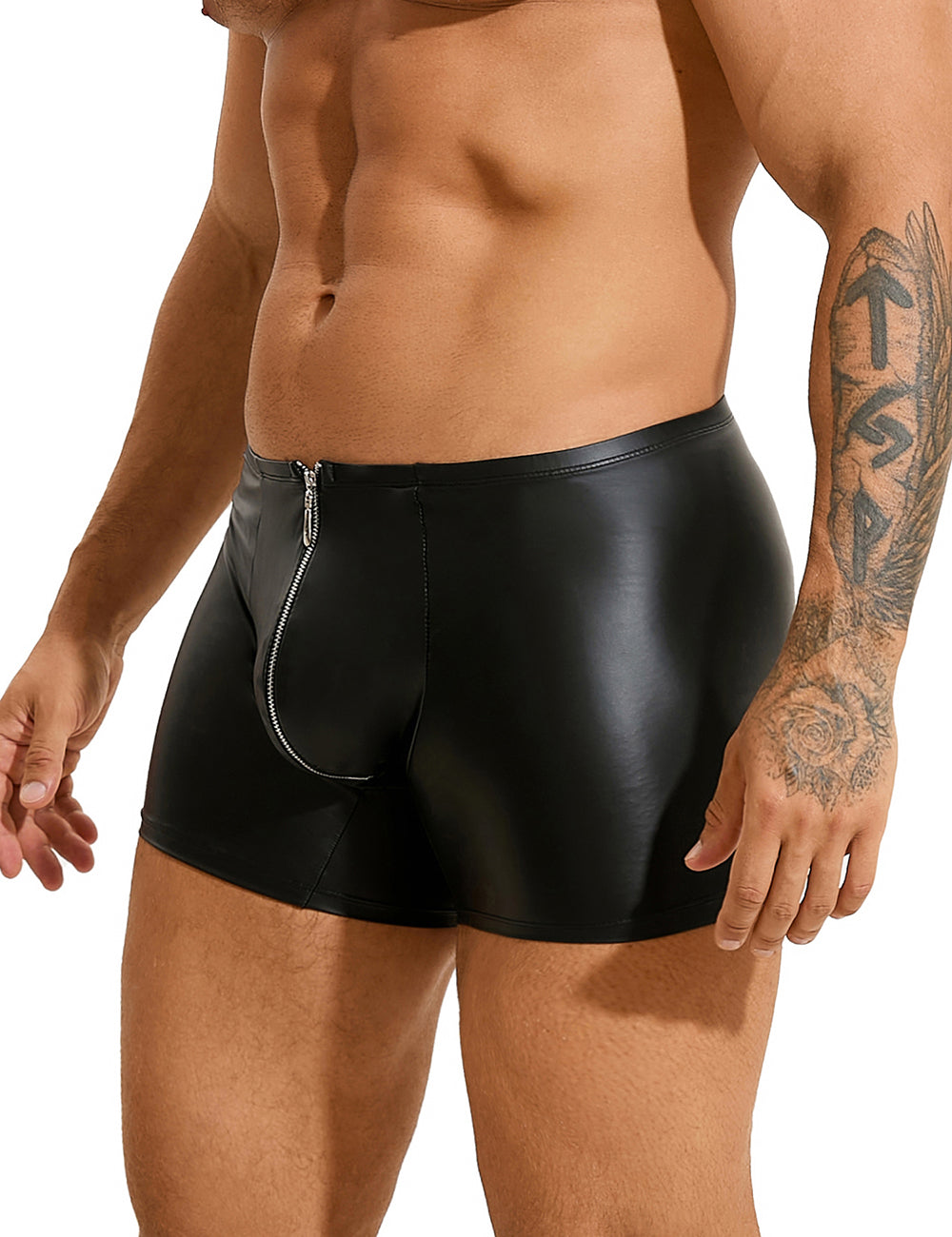 Herren Wetlook Boxer in Lederoptik mit durchgehender Frontreißverschluss – Schwarz MP290-1.