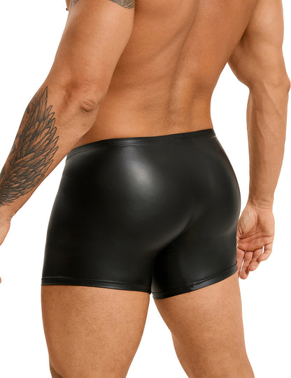 Herren Wetlook Boxer in Lederoptik – Schwarz, figurbetont mit Frontreißverschluss.