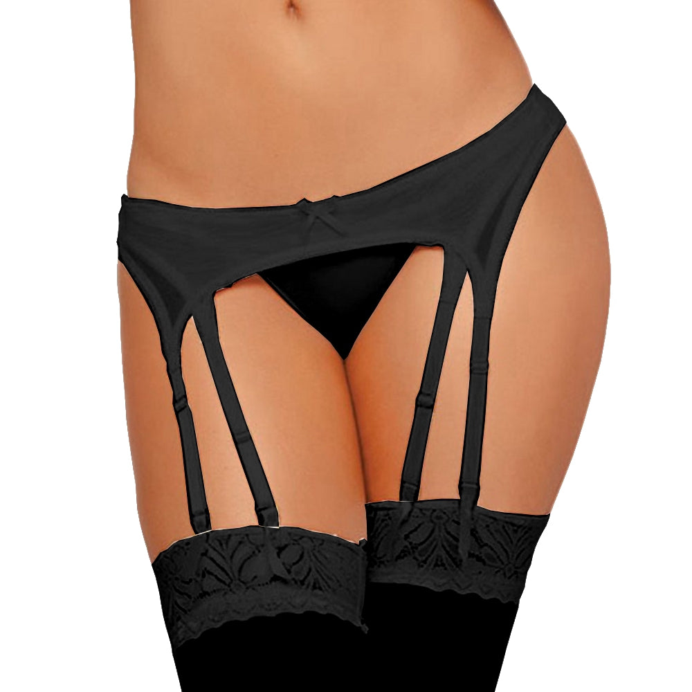 Damen Strapshalter Strumpfgürtel Dessous Schwarz Panty mit String Gogo S/XL