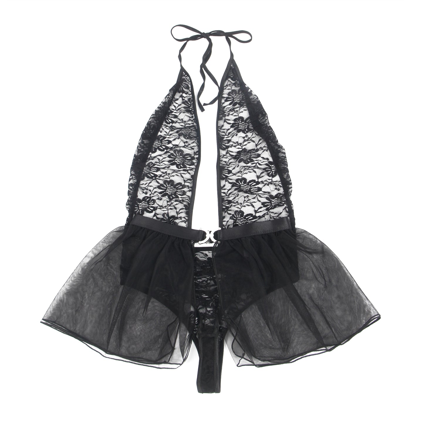 Damen Dessous Set Spitzenbody mit Mesh-Rock, schwarz, 2-teiliger Lingerie-Look (R81372)