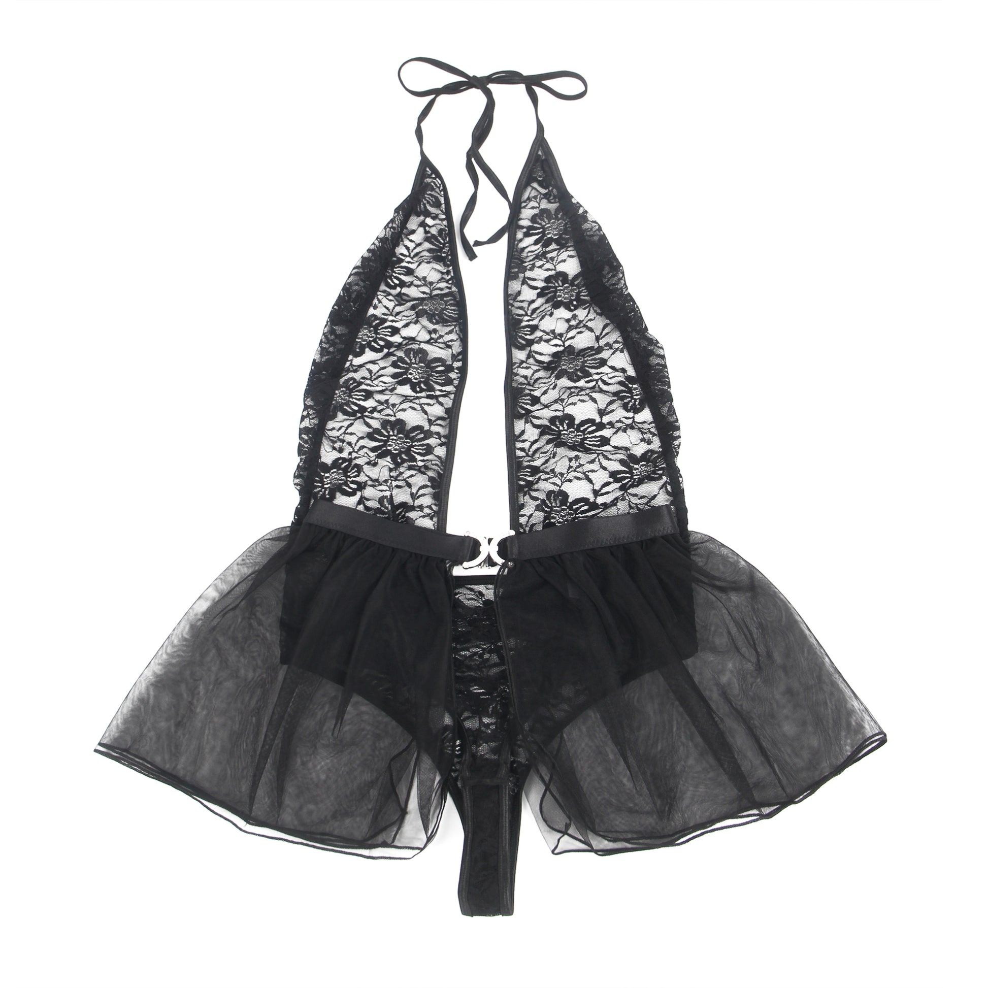 Damen Dessous Set Spitzenbody mit Mesh-Rock, schwarz, 2-teiliger Lingerie-Look (R81372)