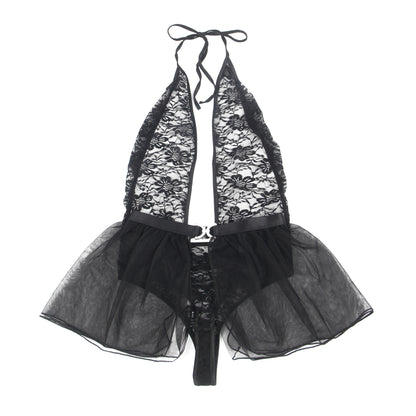 Damen Dessous Set Spitzenbody mit Mesh-Rock, schwarz, 2-teiliger Lingerie-Look (R81372)