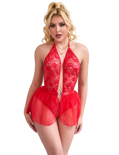 Rotes Spitzen-Body mit Neckholder und transparentem Mesh-Rock, 2-teiliges Dessous-Set