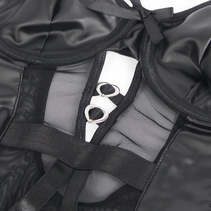 Schwarzer PU-Leder-Mesh-Body mit transparenten Einsätzen, Strumpfhalter & Beinschlaufen – R81373
