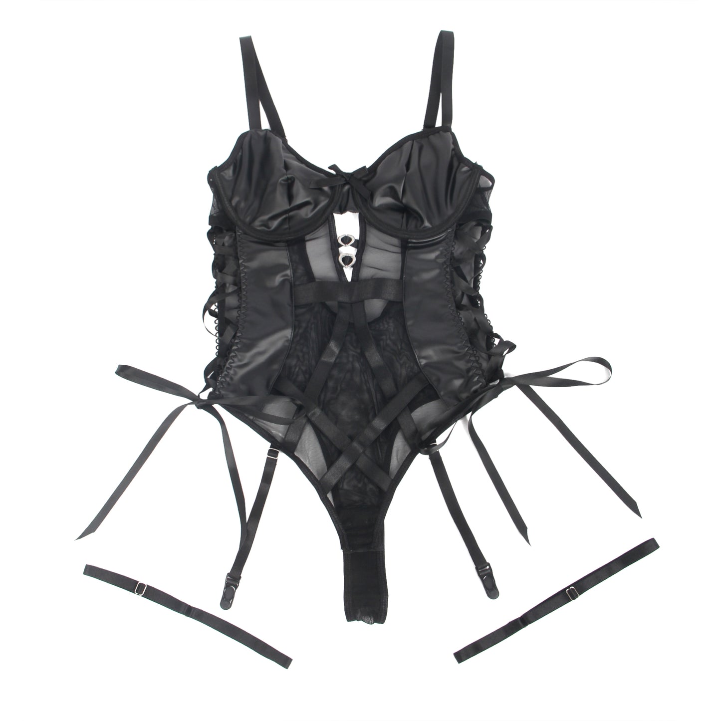 Schwarzer PU-Leder-Body mit Mesh-Einsätzen, Strumpfhaltern und Beinschlaufen.
