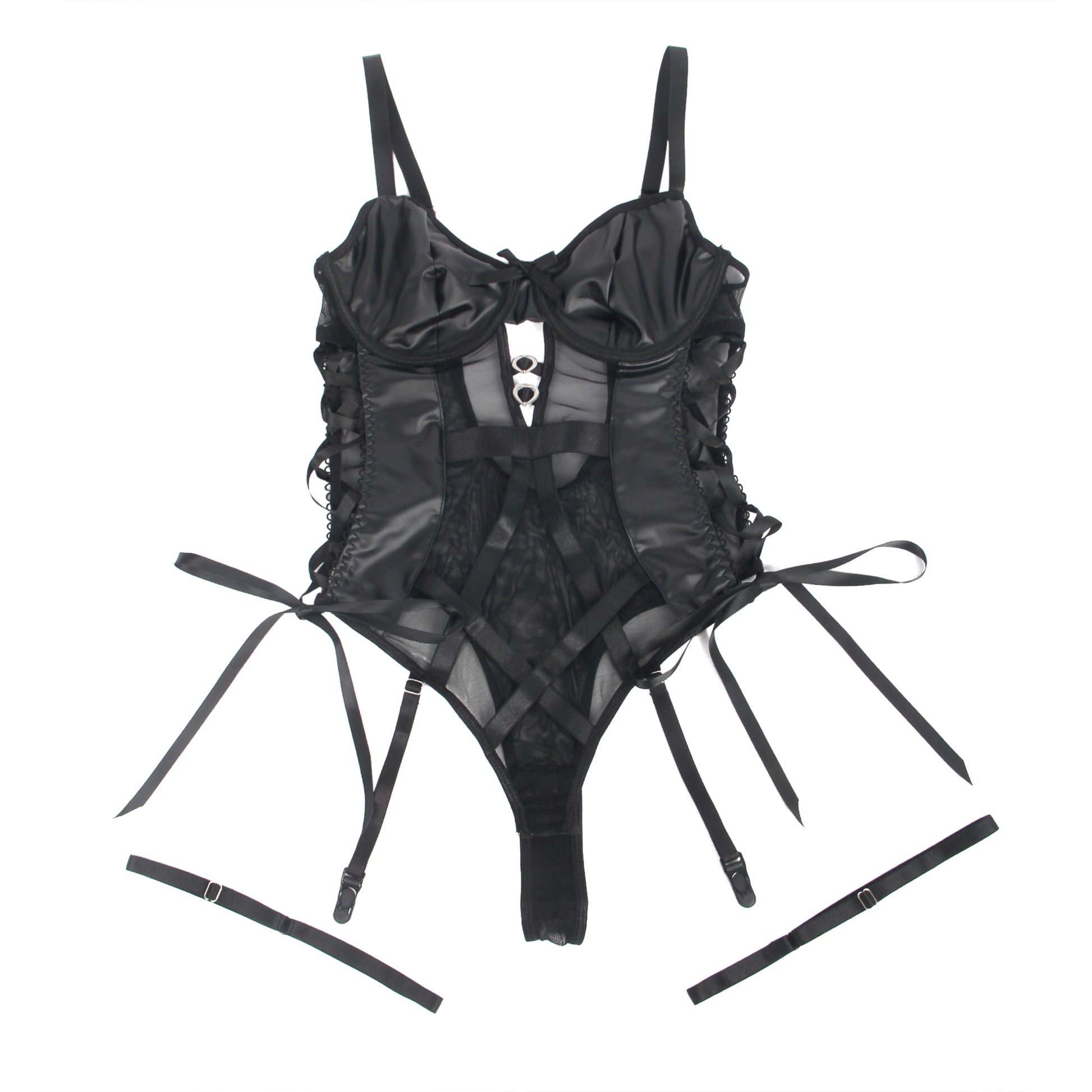 Schwarzer PU-Leder-Body mit Mesh-Einsätzen, Strumpfhaltern und Beinschlaufen.