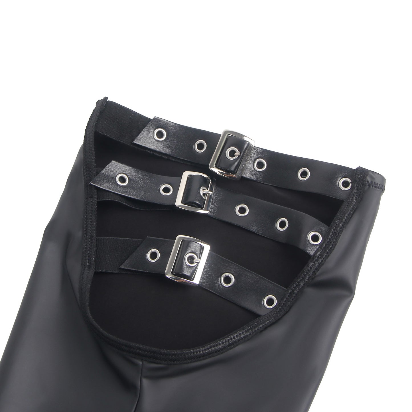 Wetlook Overknee Strümpfe mit Schnallen – PU Stockings Schwarz - R82153