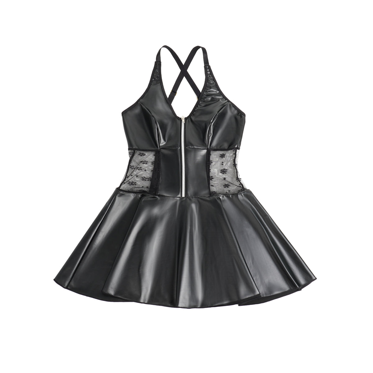 Schwarzes Damen-Babydoll in Lederoptik mit floraler Mesh-Insert,kreuzendem Rücken und Rockpartie.