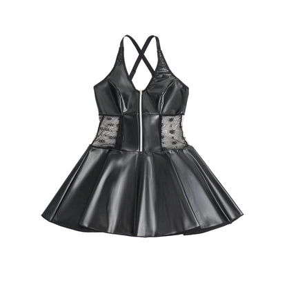 Schwarzes Damen-Babydoll in Lederoptik mit floraler Mesh-Insert,kreuzendem Rücken und Rockpartie.
