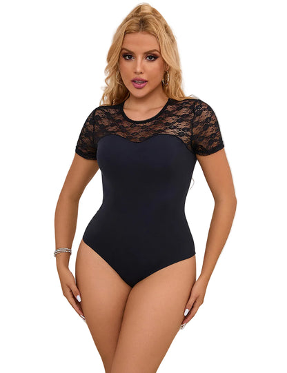 Damen Body Schwarz mit Spitze – Kurzarm Bodysuit mit transparentem Rücken | Lau Fashion - R81337-1