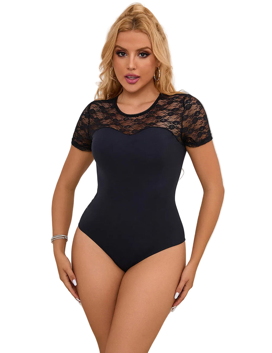Damen Body Schwarz mit Spitze – Kurzarm Bodysuit mit transparentem Rücken | Lau Fashion - R81337-1