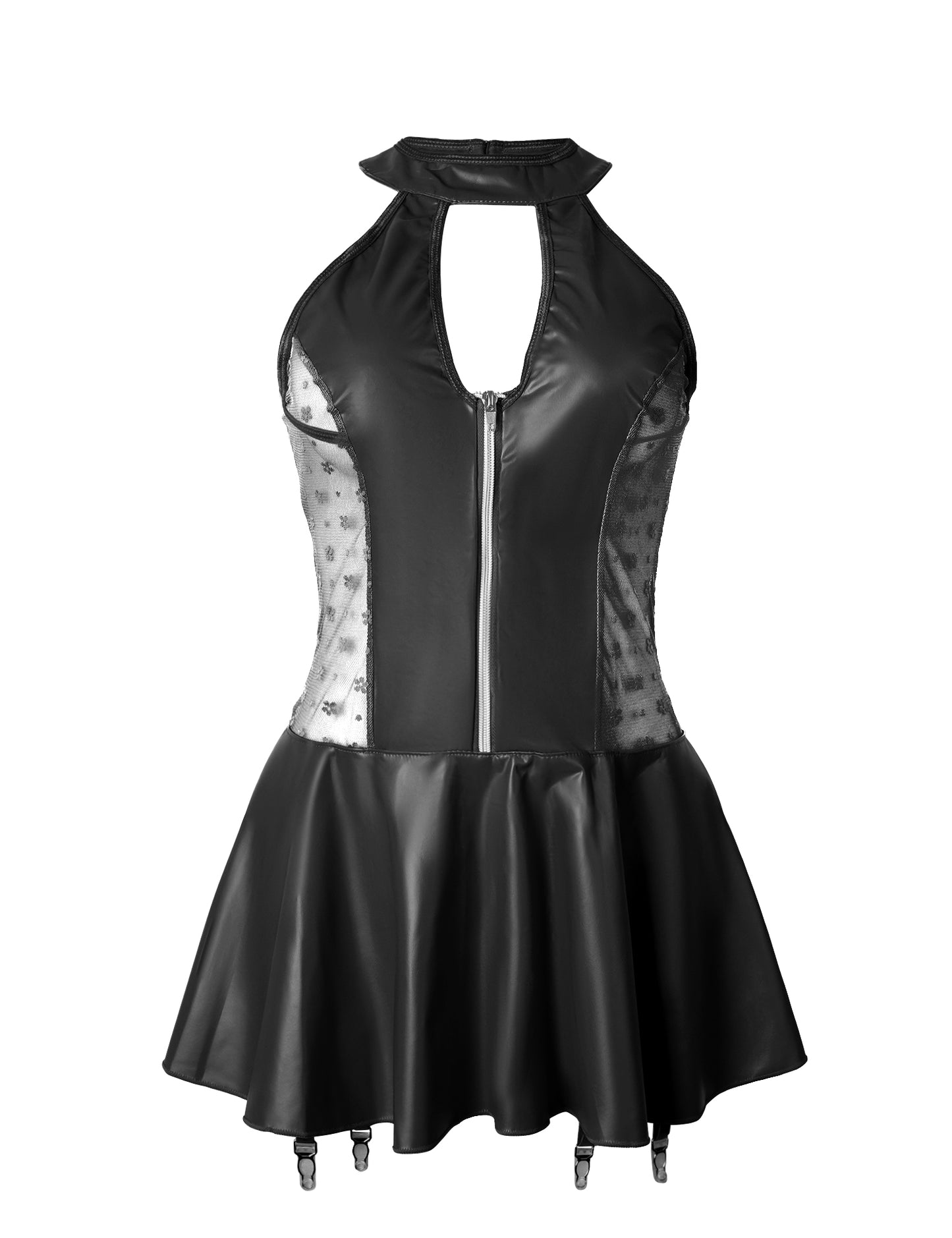 Schwarzes Neckholder Babydoll in Wetlook-Optik mit Strumpfhaltern - R84347