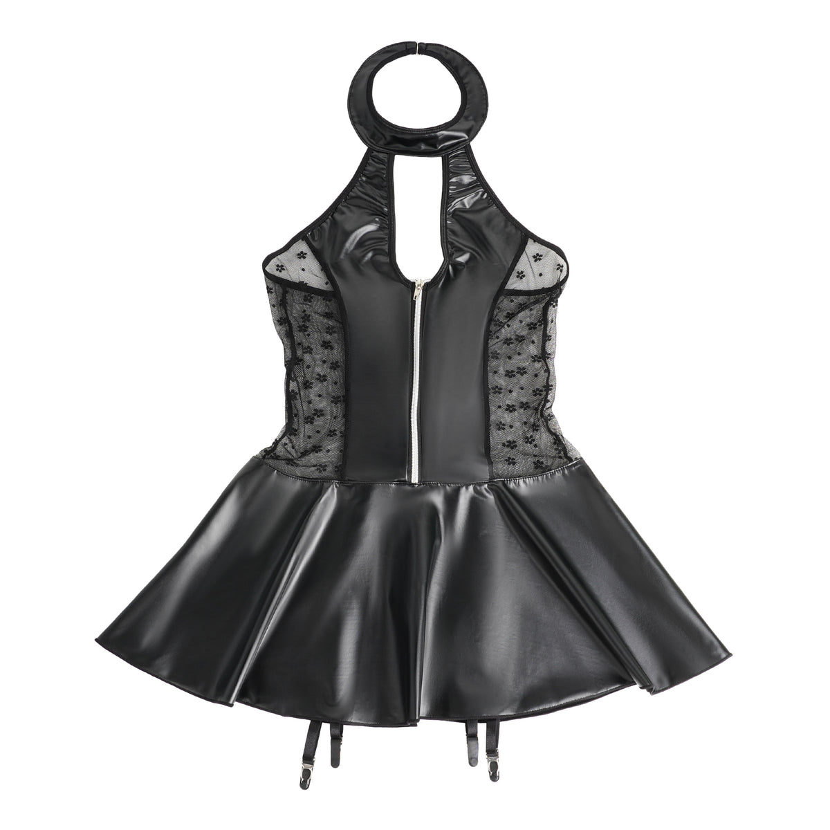 Schwarzes Neckholder Babydoll in Wetlook-Optik mit Strumpfhaltern - R84347