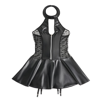 Schwarzes Neckholder Babydoll in Wetlook-Optik mit Strumpfhaltern - R84347