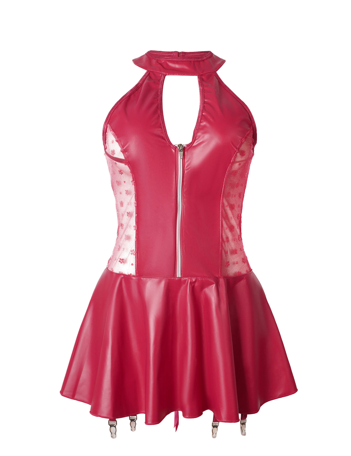 Schwarzes Neckholder Babydoll in Wetlook-Optik mit Strumpfhaltern - R84347