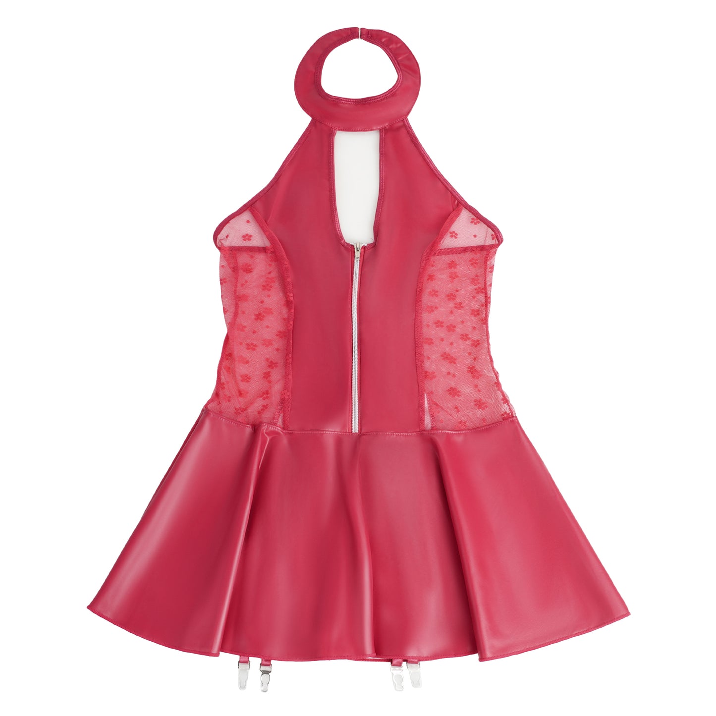 Schwarzes Neckholder Babydoll in Wetlook-Optik mit Strumpfhaltern - R84347