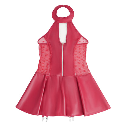 Schwarzes Neckholder Babydoll in Wetlook-Optik mit Strumpfhaltern - R84347