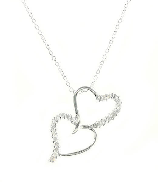 Damen Halskette Double Heart Herz Zirkonia Stein Anhänger Versilbert Ø 38mm