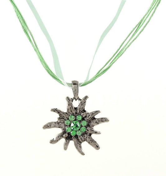 Traditional Dirndl Edelweiss Necklace Green Zirconia Oktoberfest Rhinestone Jewelry Ø 36mm