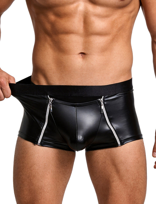 Herren Wetlook Boxer in Lederoptik mit Reißverschlüssen – Schwarz - MP319