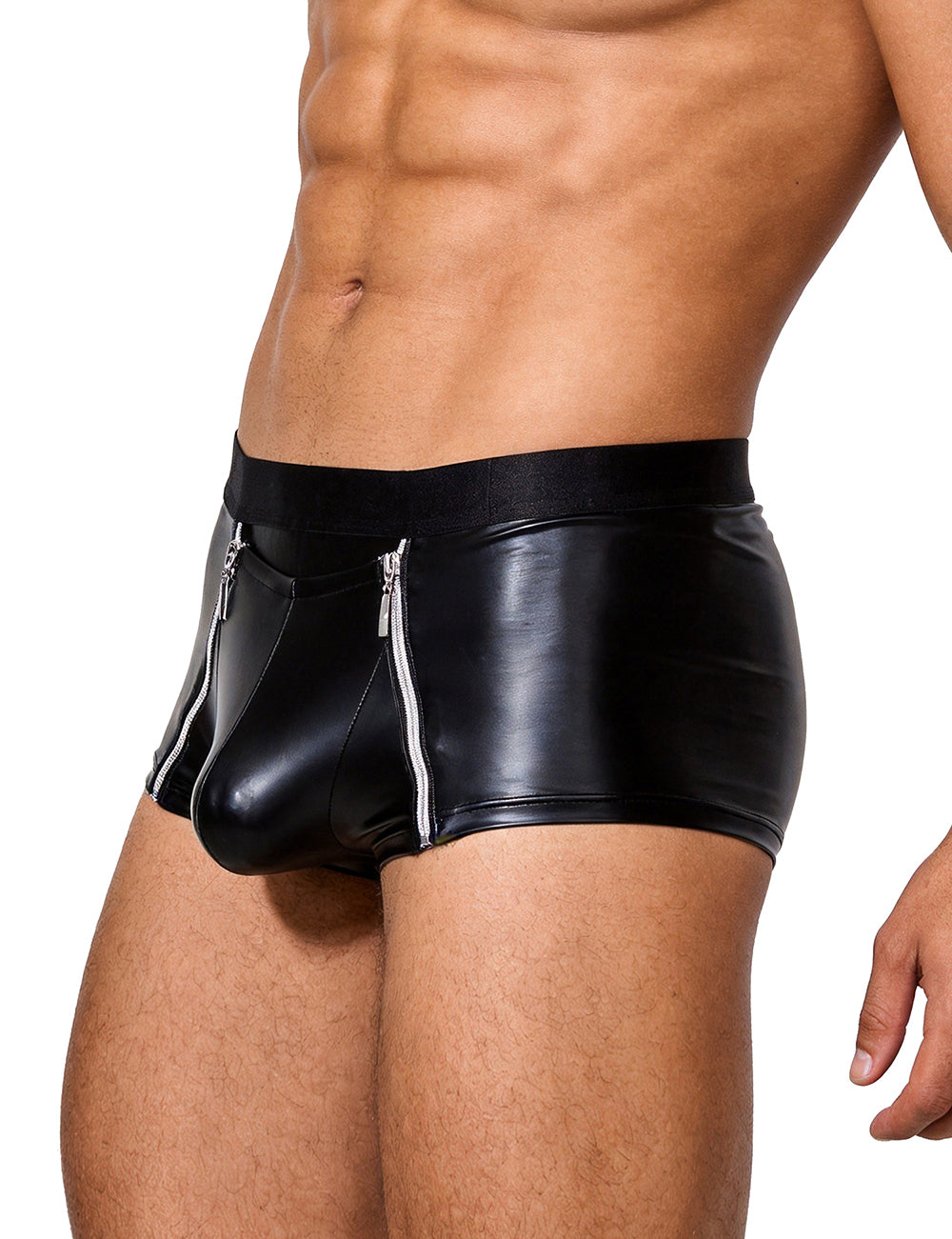 Herren Wetlook Boxer in Lederoptik mit Reißverschlüssen – Schwarz - MP319